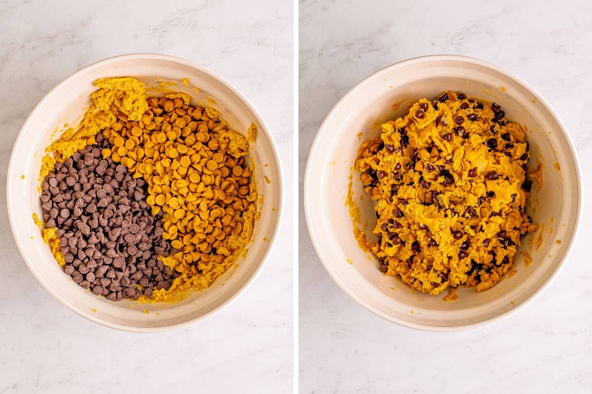 On left: chocolate chips and peanut butter chips added to dough. On right: dough with chips stirred in.