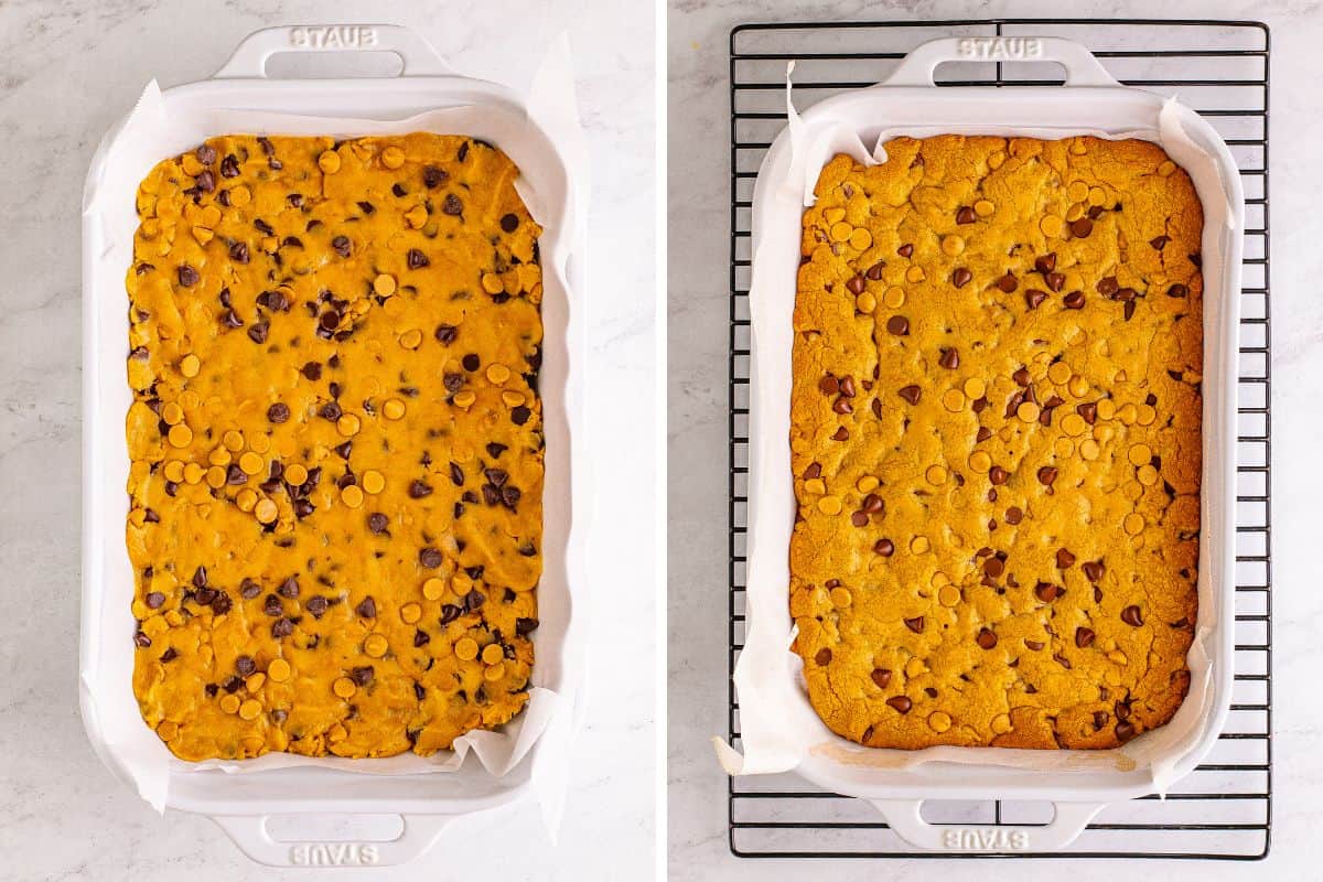 Peanut butter cookie bars before and after baking in 9x13 dish.