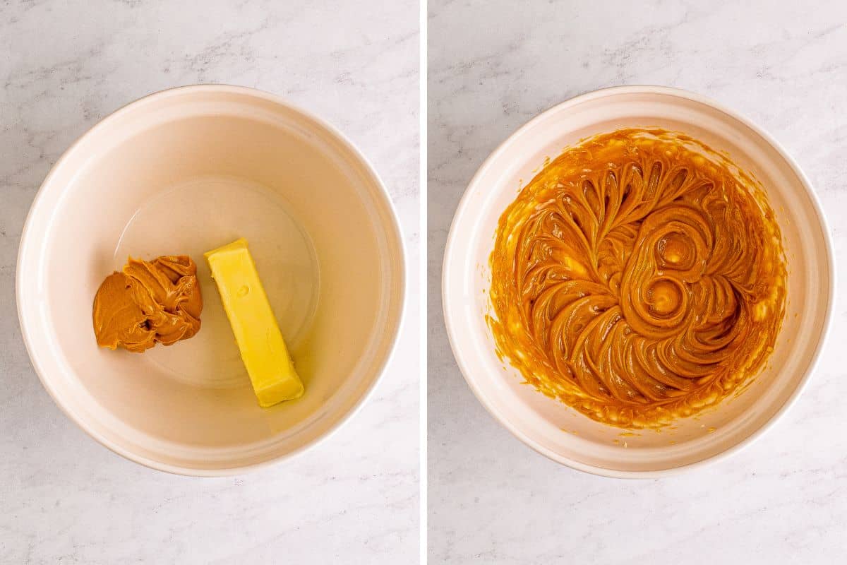 Two image collage of peanut butter and butter in a large bowl before and after mixing together.