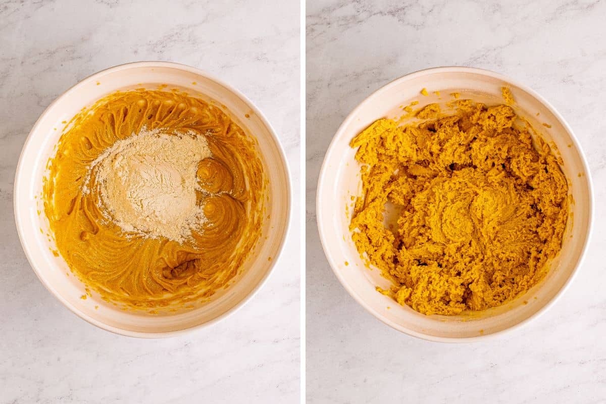 Two image collage of dry ingredients added to mixing bowl, and dough with dry ingredients mixed in.