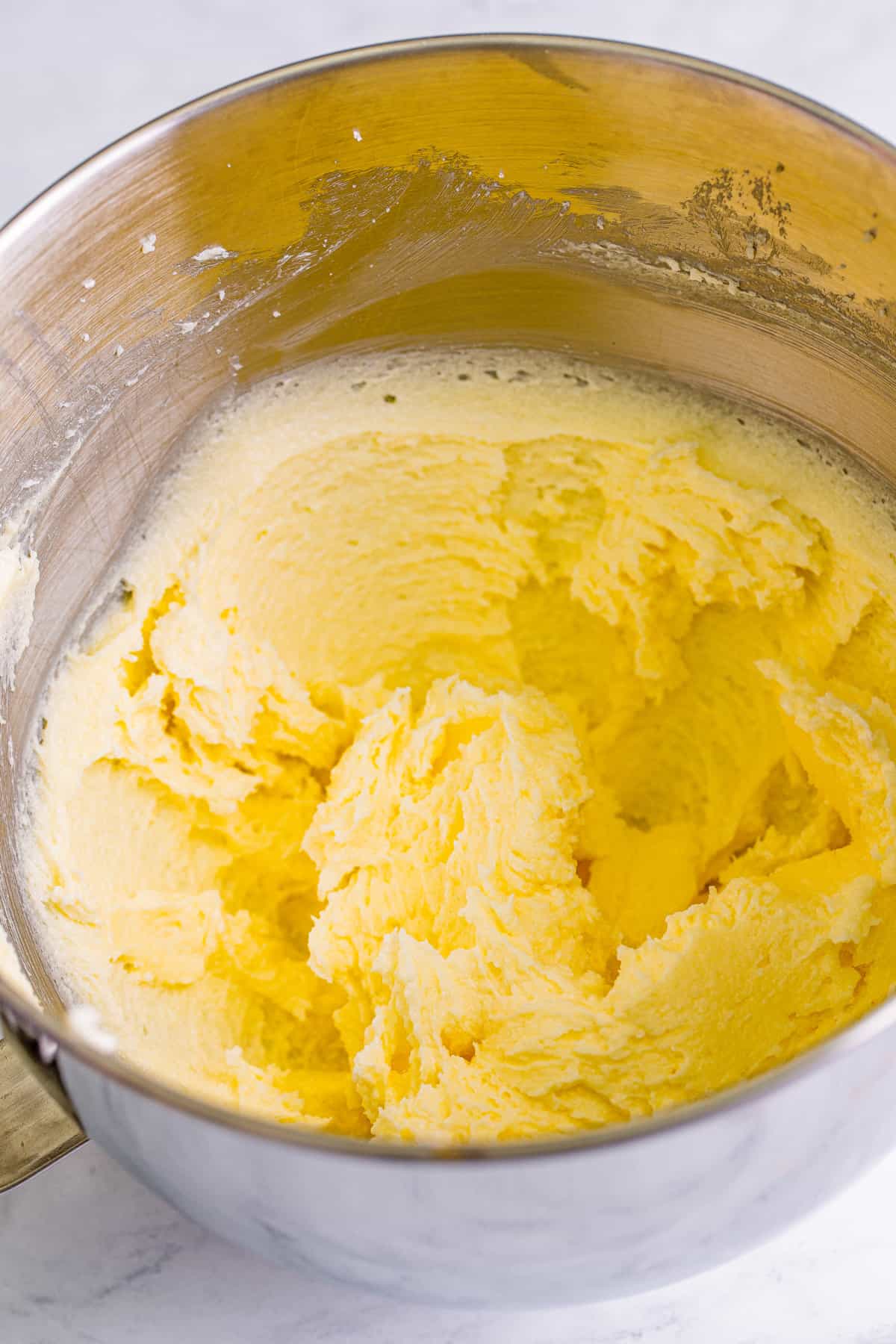 creamed butter and sugar in bowl of stand mixer.