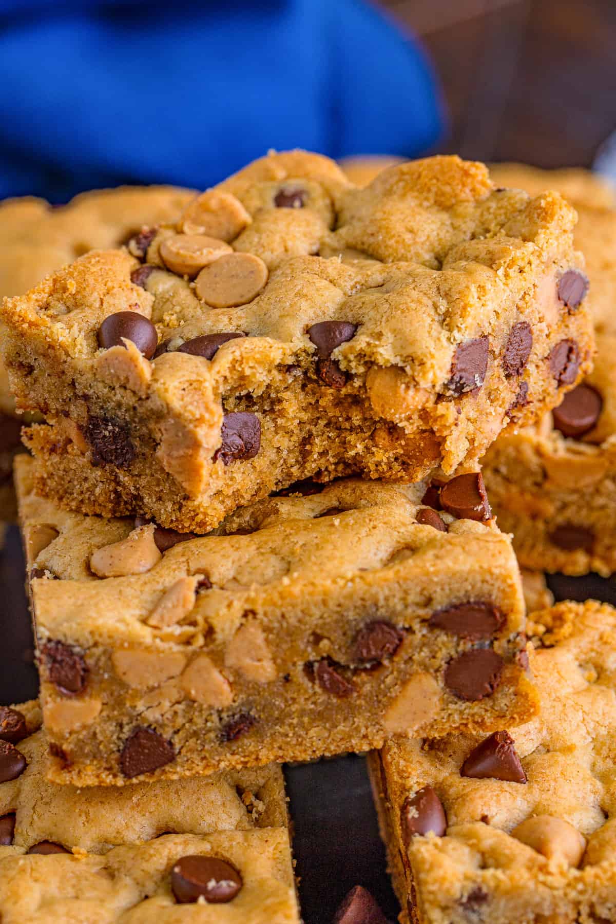 Chocolate peanut butter cookie bar with bite taken out of it.