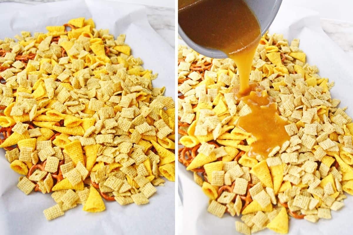 Side-by-side photos showing Chex, Bugles and mini pretzels spread on a parchment-lined baking sheet, then a sauce being poured over the mix.