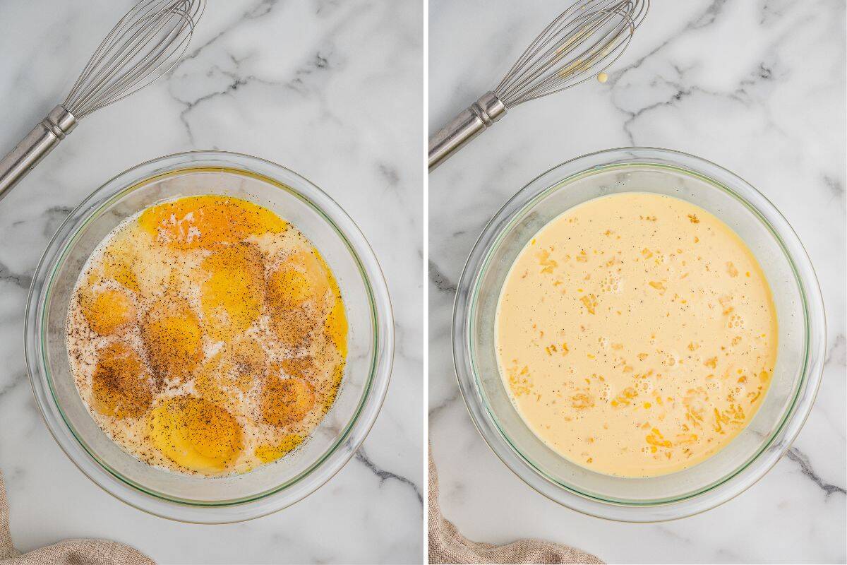 Side-by-side images of the egg mixture before and after whisking.