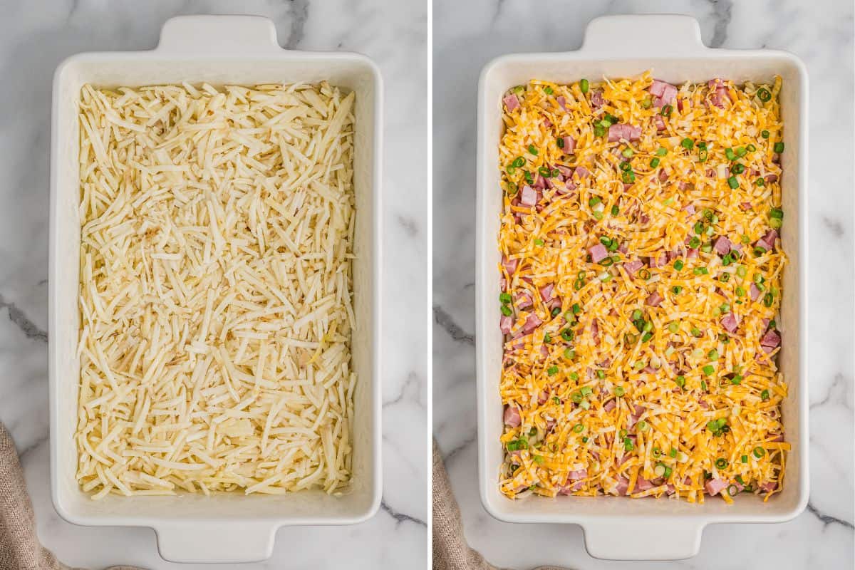 Two side-by-side photos of a white rectangular casserole dish; the left shows a layer of plain shredded hash browns, and the right shows the dish topped with shredded cheese, diced ham, and chopped green onions.
