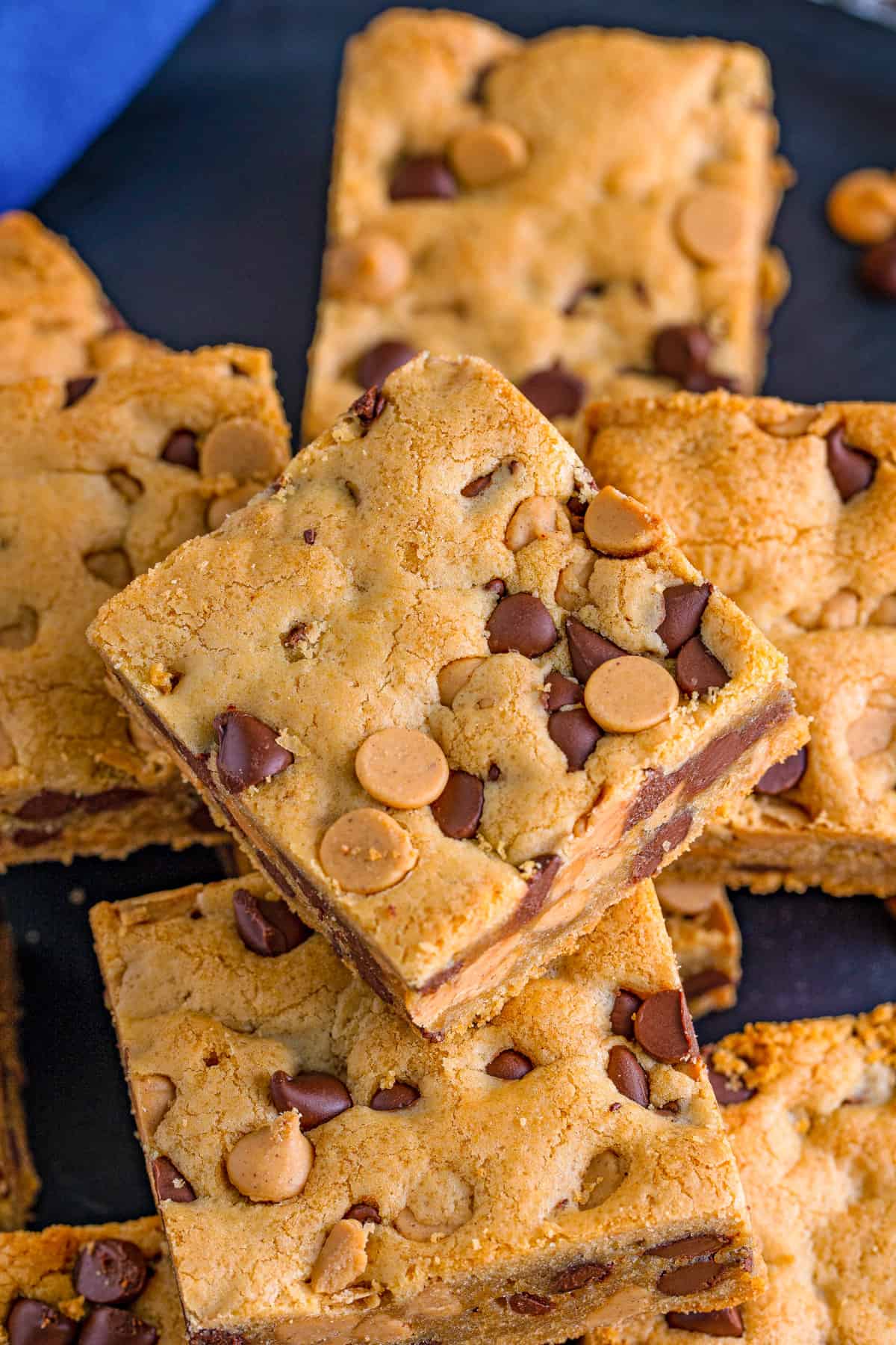 Square chocolate chip cookie peanut butter bars.