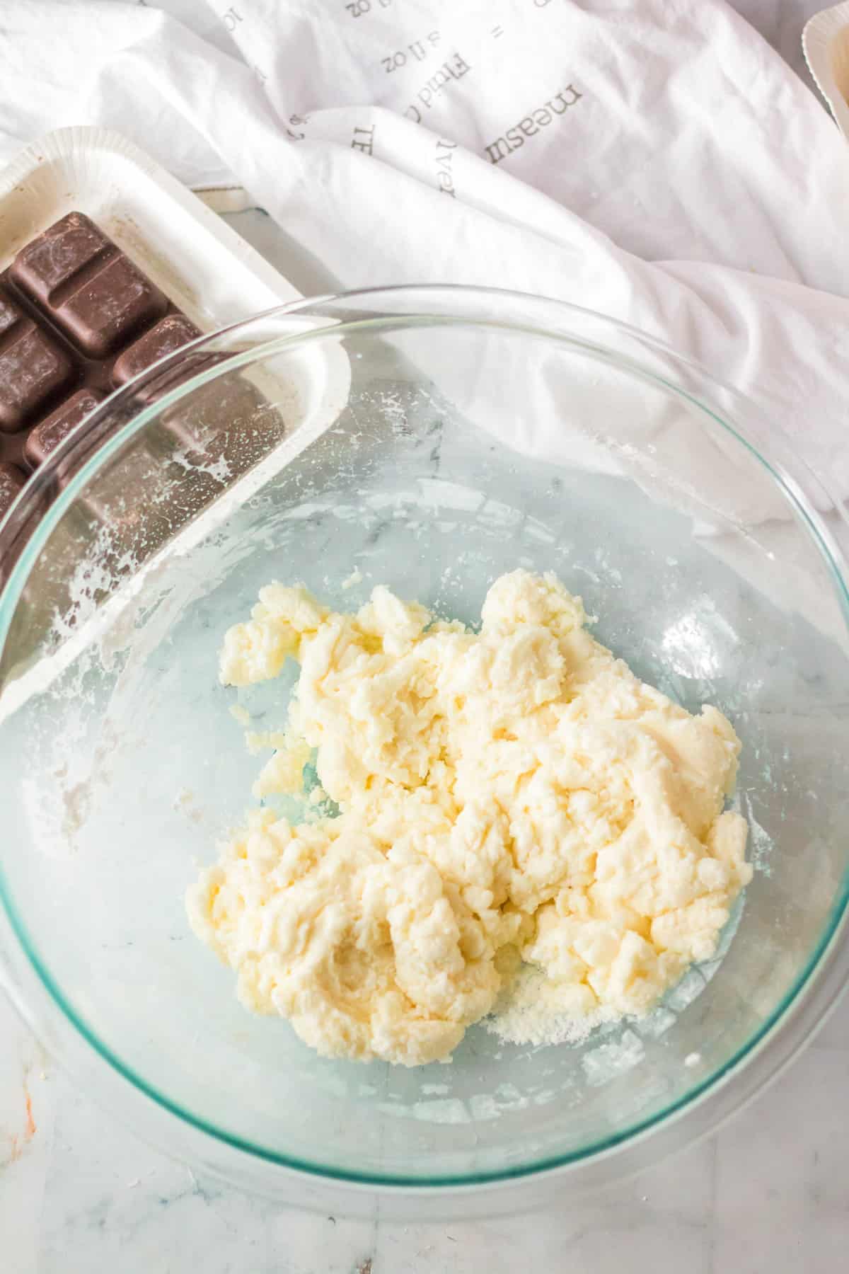 Stiff peppermint patty dough in mixing bowl.