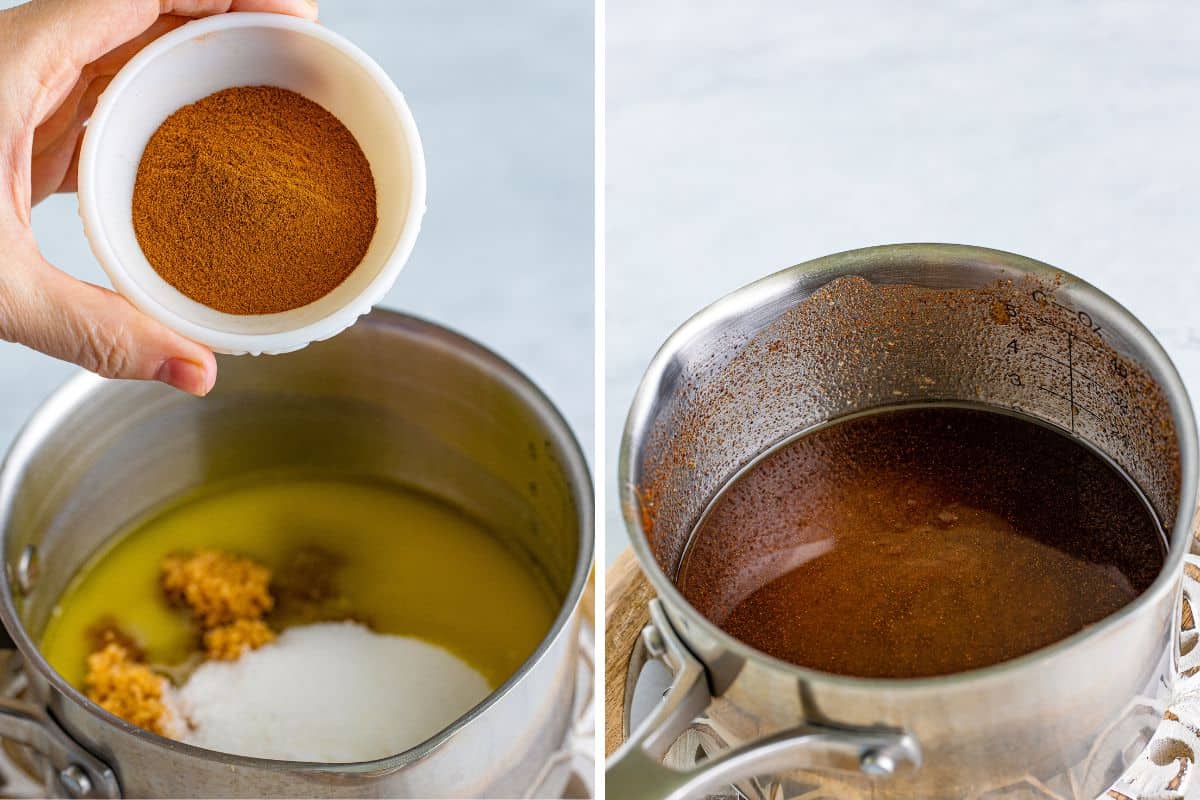 On left: pot of melted butter, white sugar, and brown sugar with hand pouring in cinnamon. On right: same pot with ingredients all dissolved and combined.