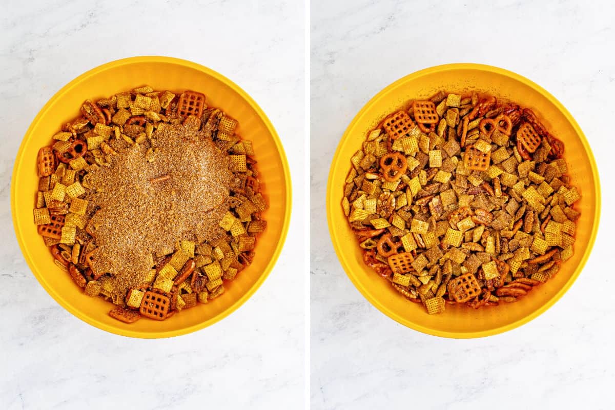 On left: Chex mix in mixing bowl with cinnamon sugar topping added. On right: Same, but with ingredients tossed and combined.