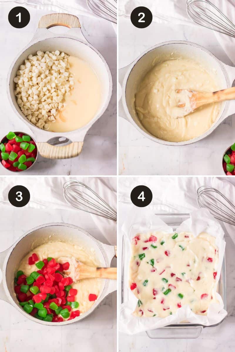 How to make gumdrop fudge step-by-step collage. Step 1 shows pot with sweetened condensed milk and white chocolate morsels. Step 2 shows them melted in pot. Step 3 is adding gumdrops. Step 4 is fudge poured into square baking dish lined with parchment paper.