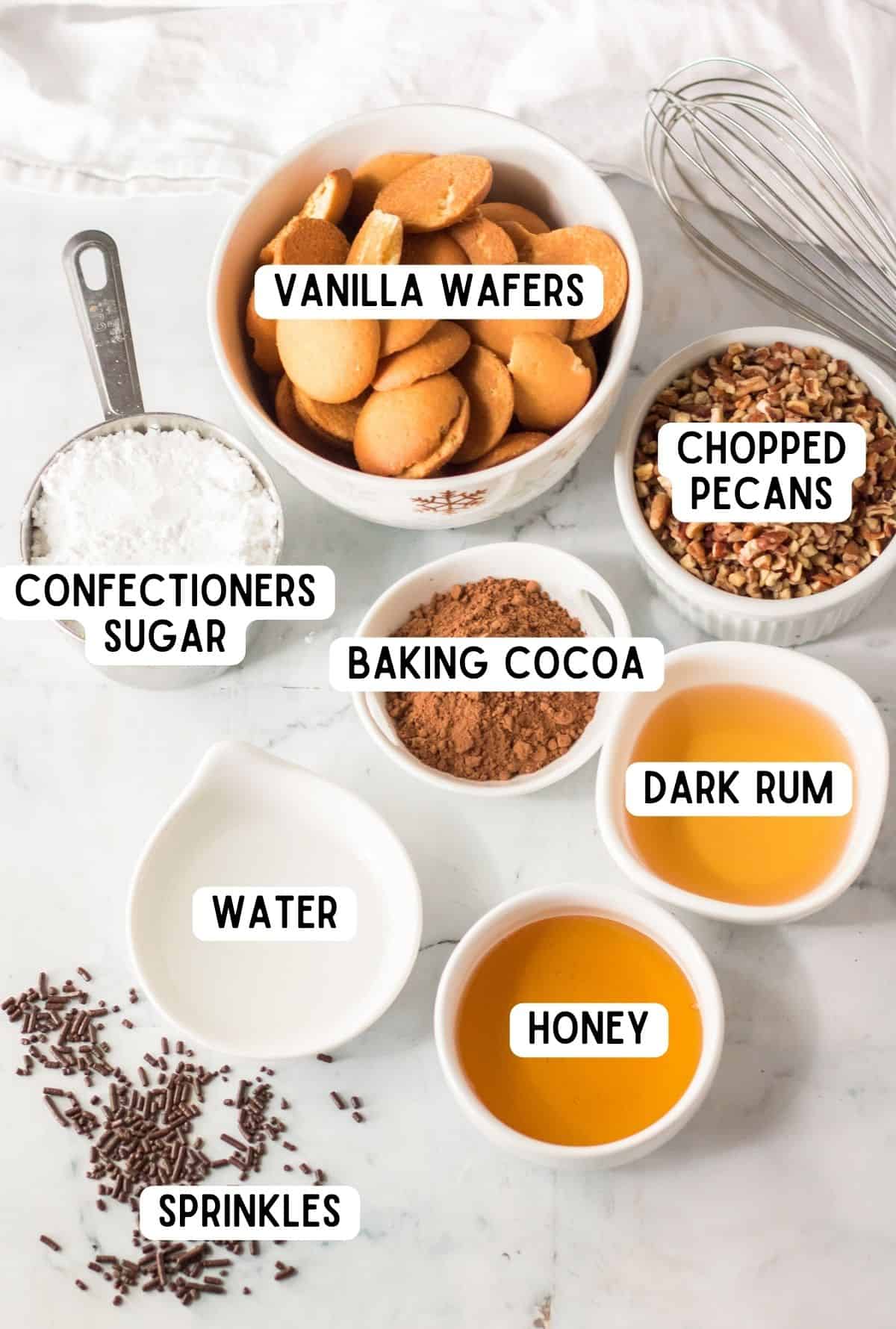 Chocolate rum ball ingredients.