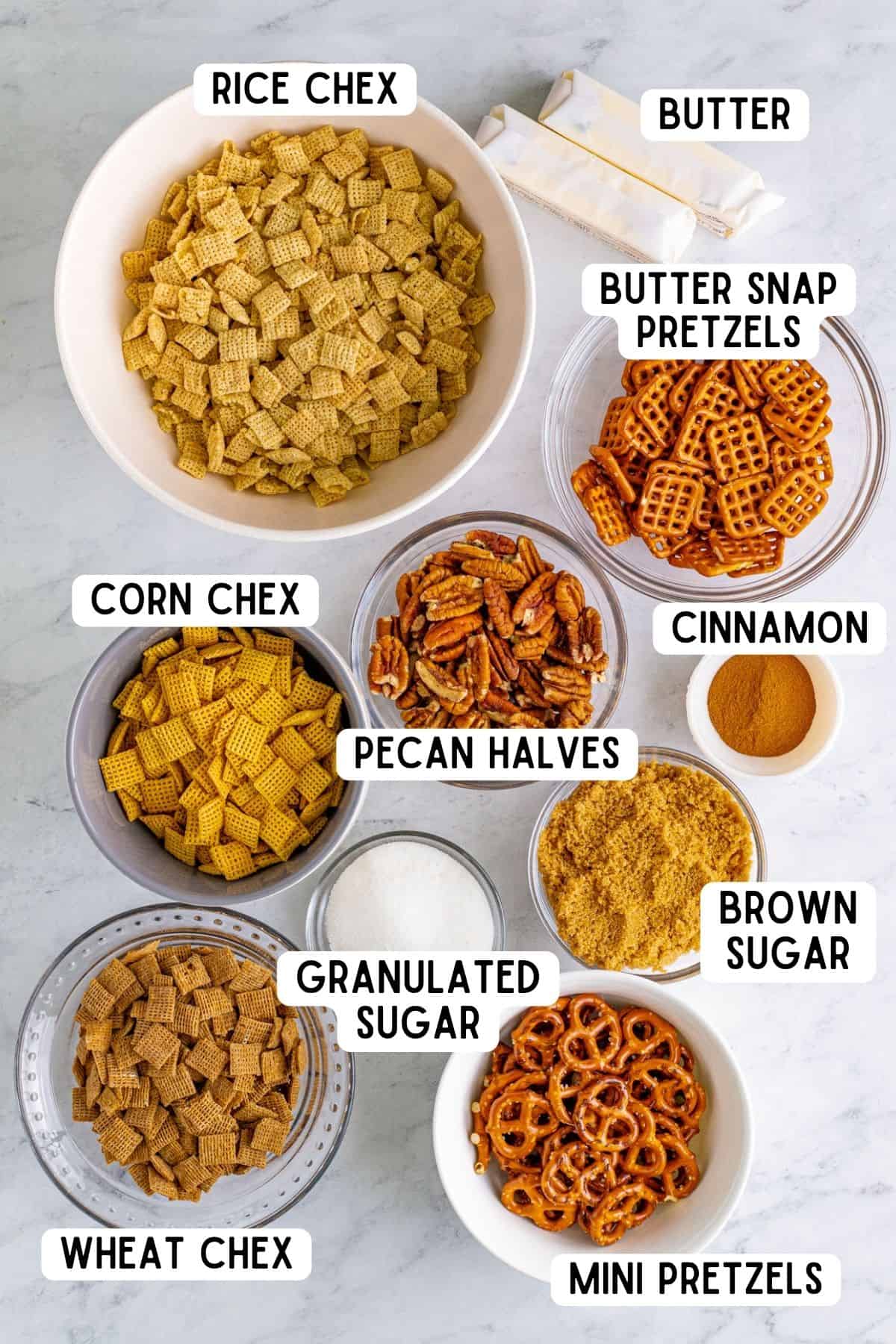 Ingredients for Chex Mix.