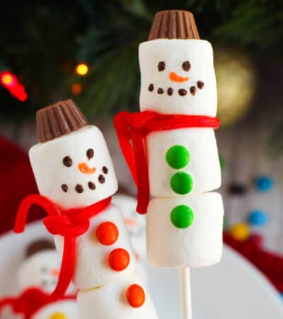 Marshmallow Snowman Kebabs made with candy.