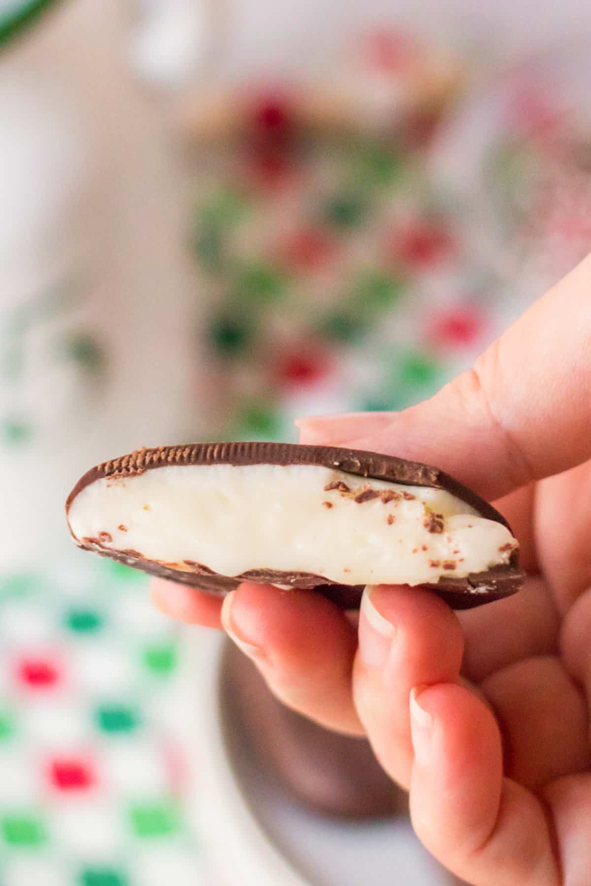 Homemade peppermint patty candy cut in half to show peppermint filling.