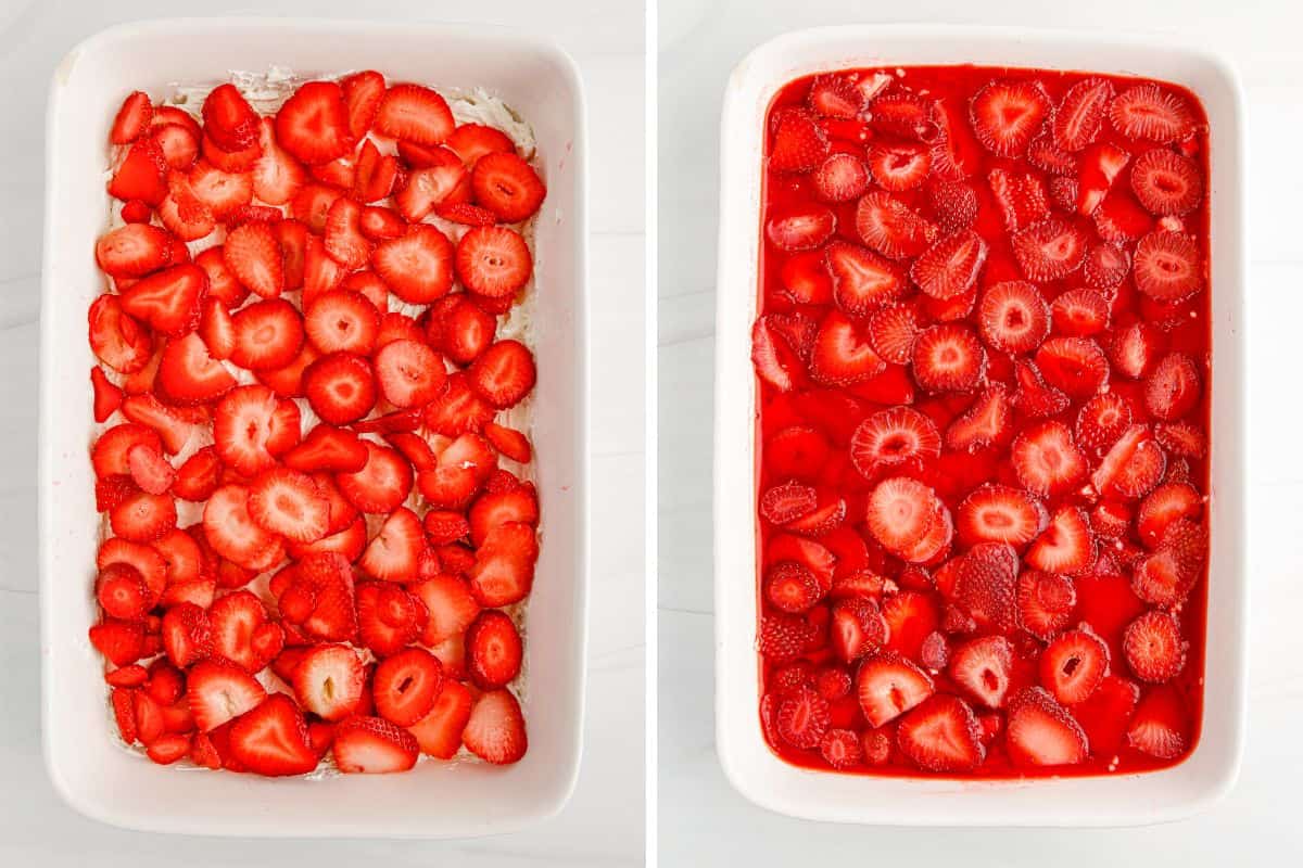 Sliced strawberries placed on top of creamy layer and covered with strawberry jello.