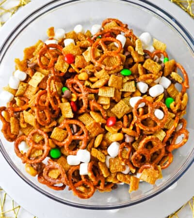Christmas chex mix with M&Ms.