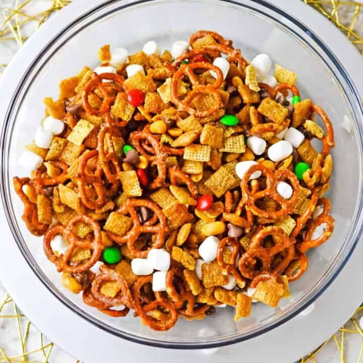 Christmas chex mix with M&Ms.