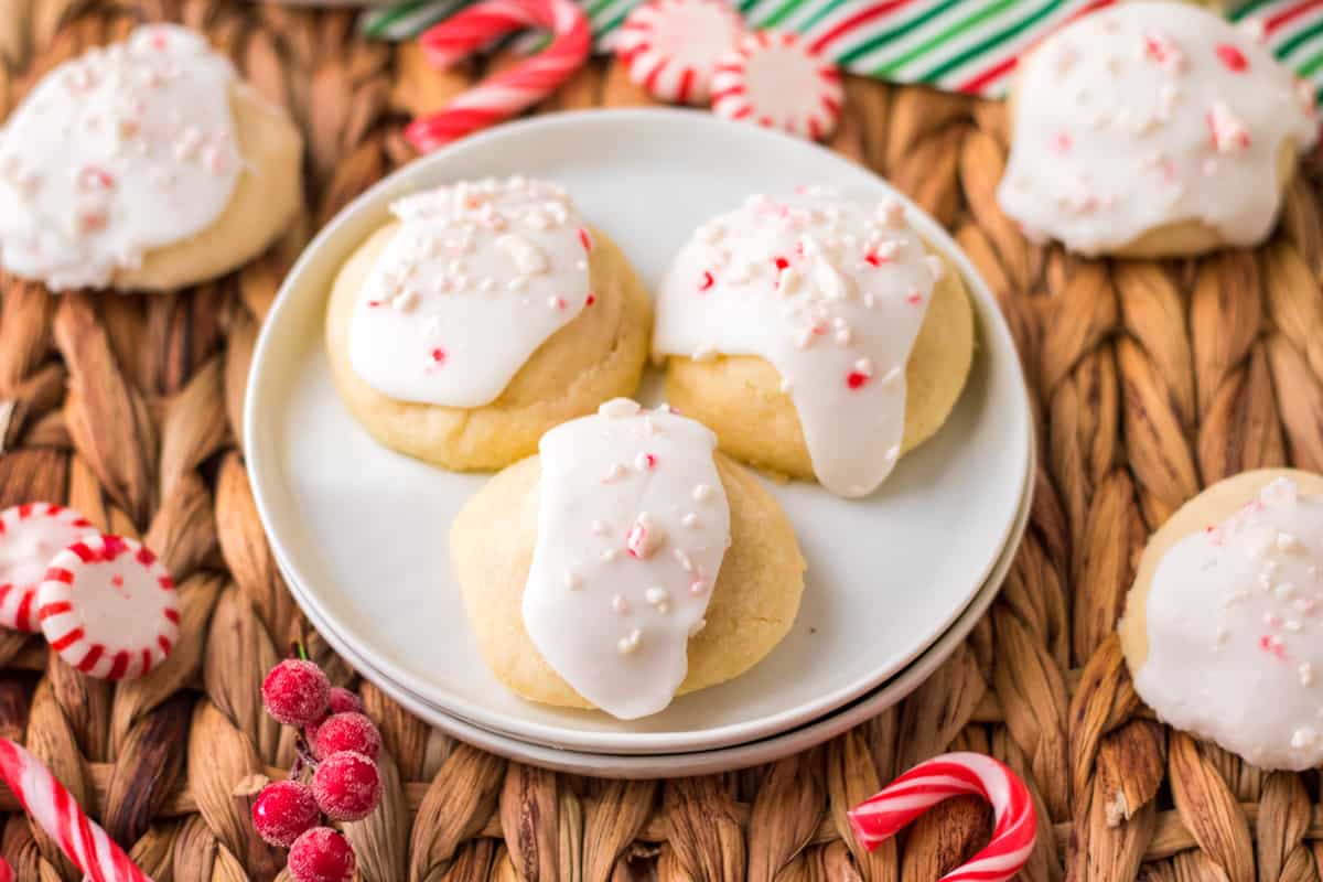 Peppermint meltaway cookies with glaze and crushed peppermint on top.
