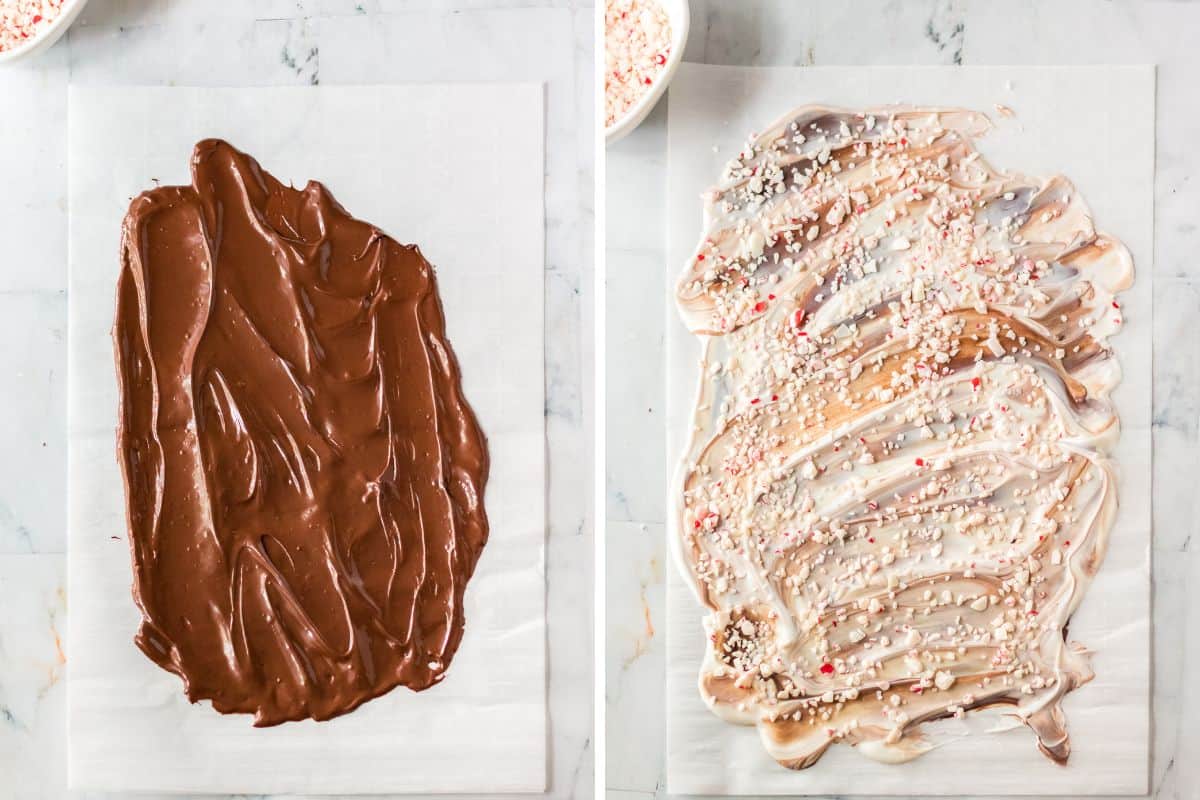Two image collage of melted chocolate spread on parchment paper and of the same topped with melted white chocolate and crushed peppermint candies .