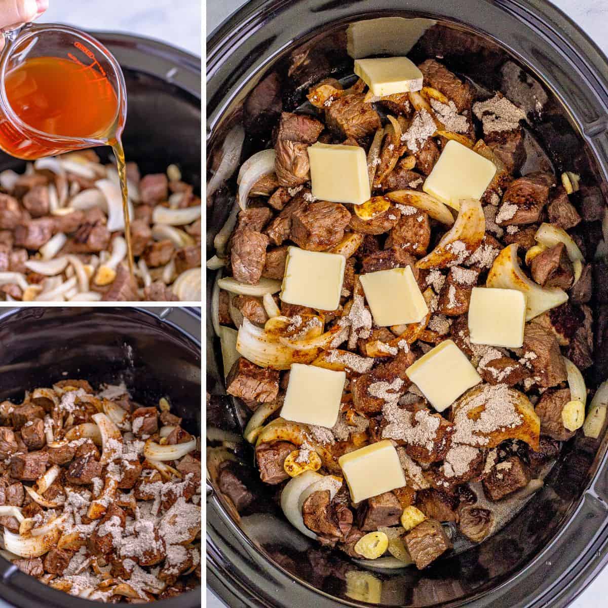 Three image collage of sauce being poured into slow cooker, au jus mix sprinkled on top, and butter sliced placed on top of everything in slow cooker.