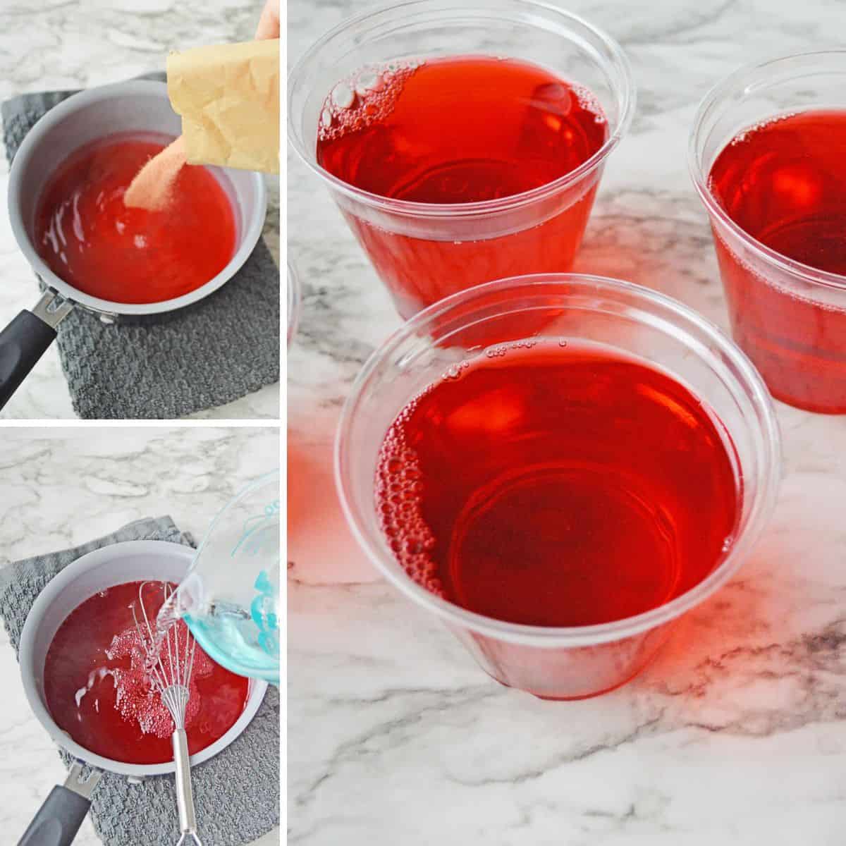 Three image collage of pot of water with jello mix being added, pot with water being added, and jello mix poured into clear plastic cups.