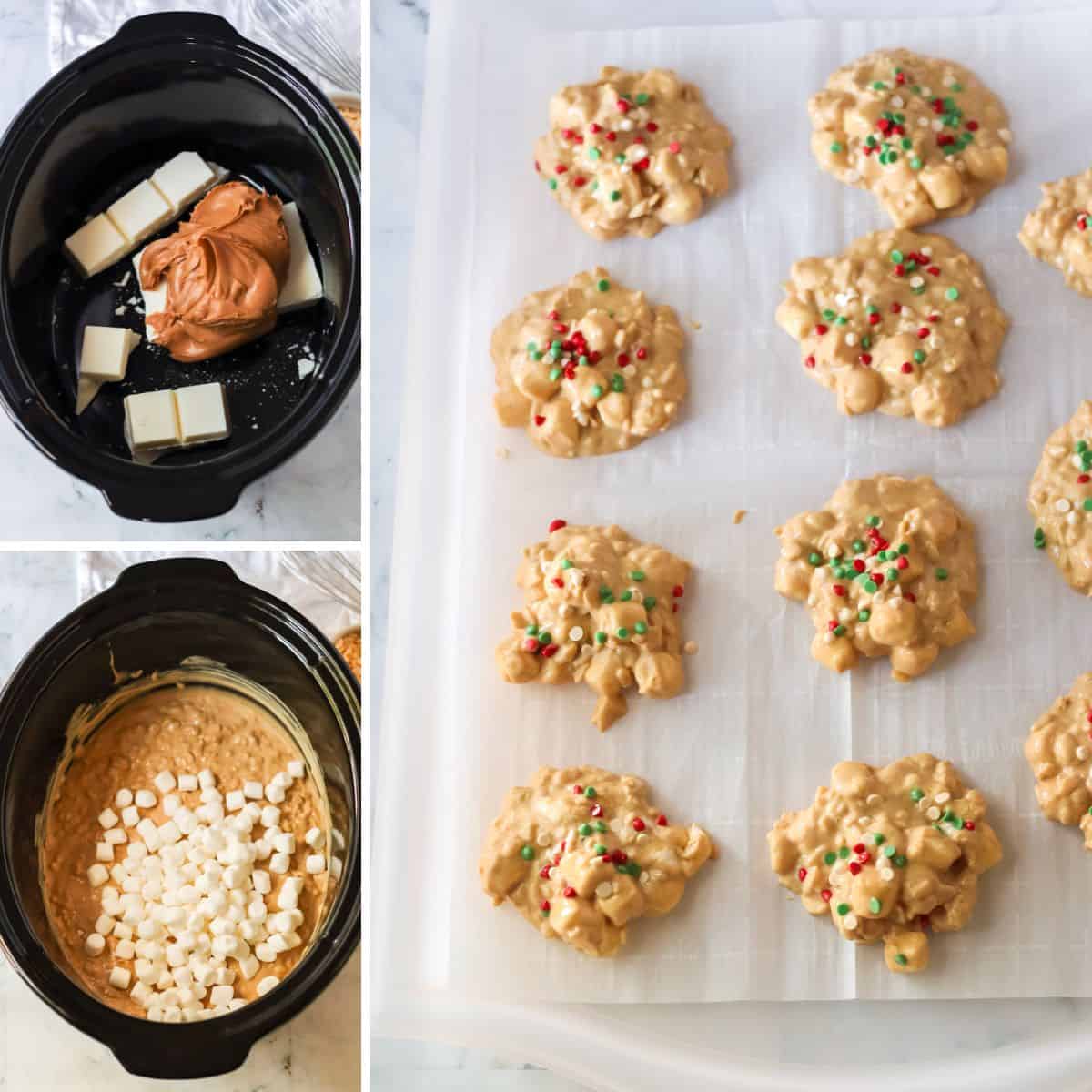 Three image collage of steps to make avalanche cookies: melt butter and peanut butter in crockpot, stir in cereal and marshmallows, and scoop onto parchment paper.