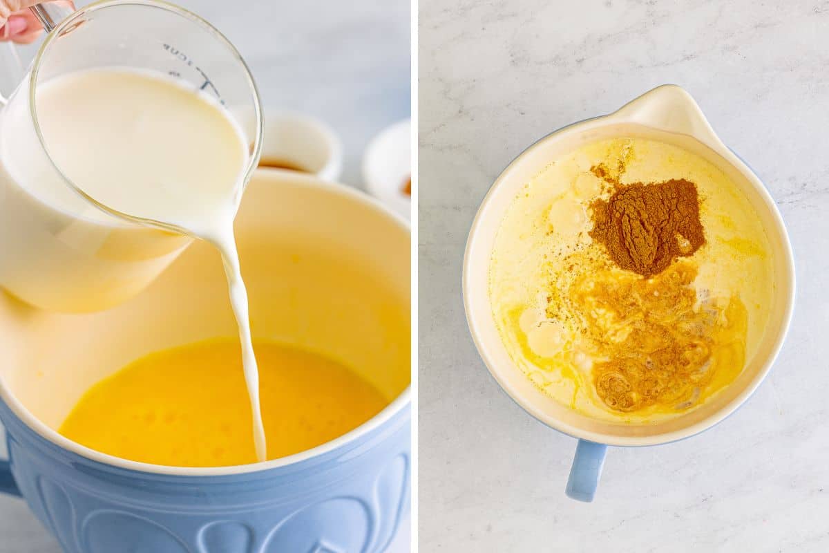 Two image collage of egg custard ingredients being combined in a large mixing bowl.