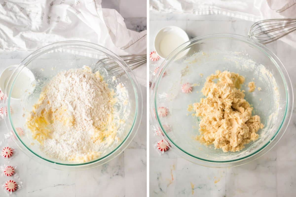 Two image collage of cookie ingredients before and after combining.