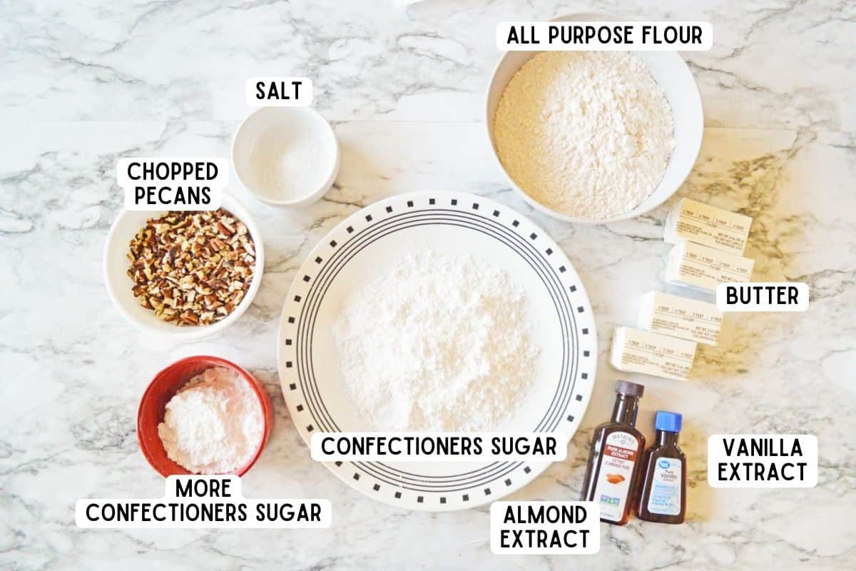 Ingredients for pecan snowball cookies.