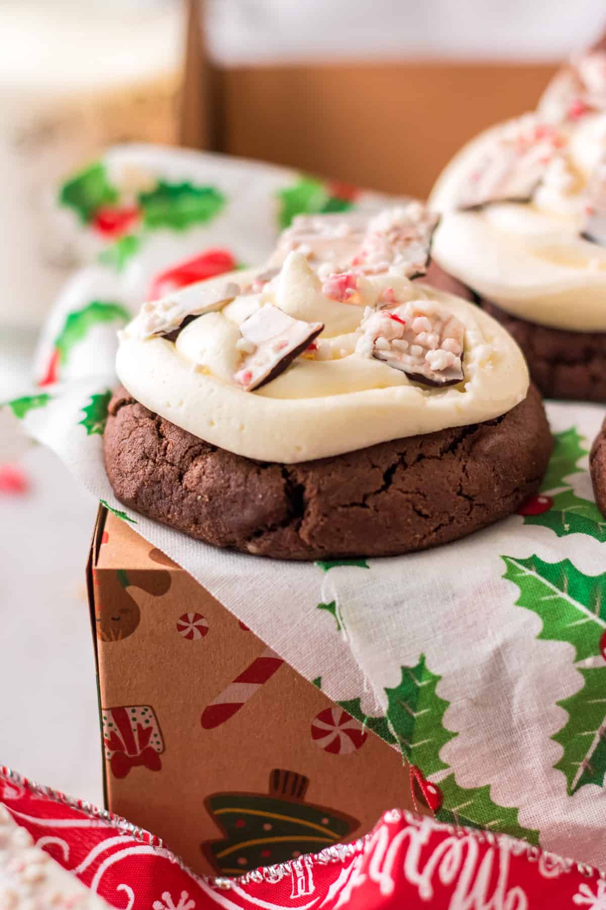Chocolate peppermint cookie with buttercream frosting.