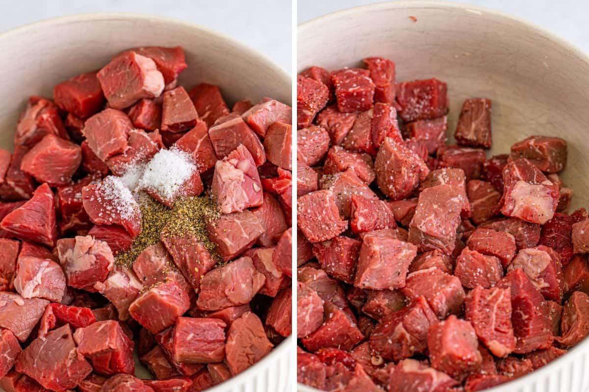 Cubed sirloin steak with salt and pepper, and same but tossed to coat.