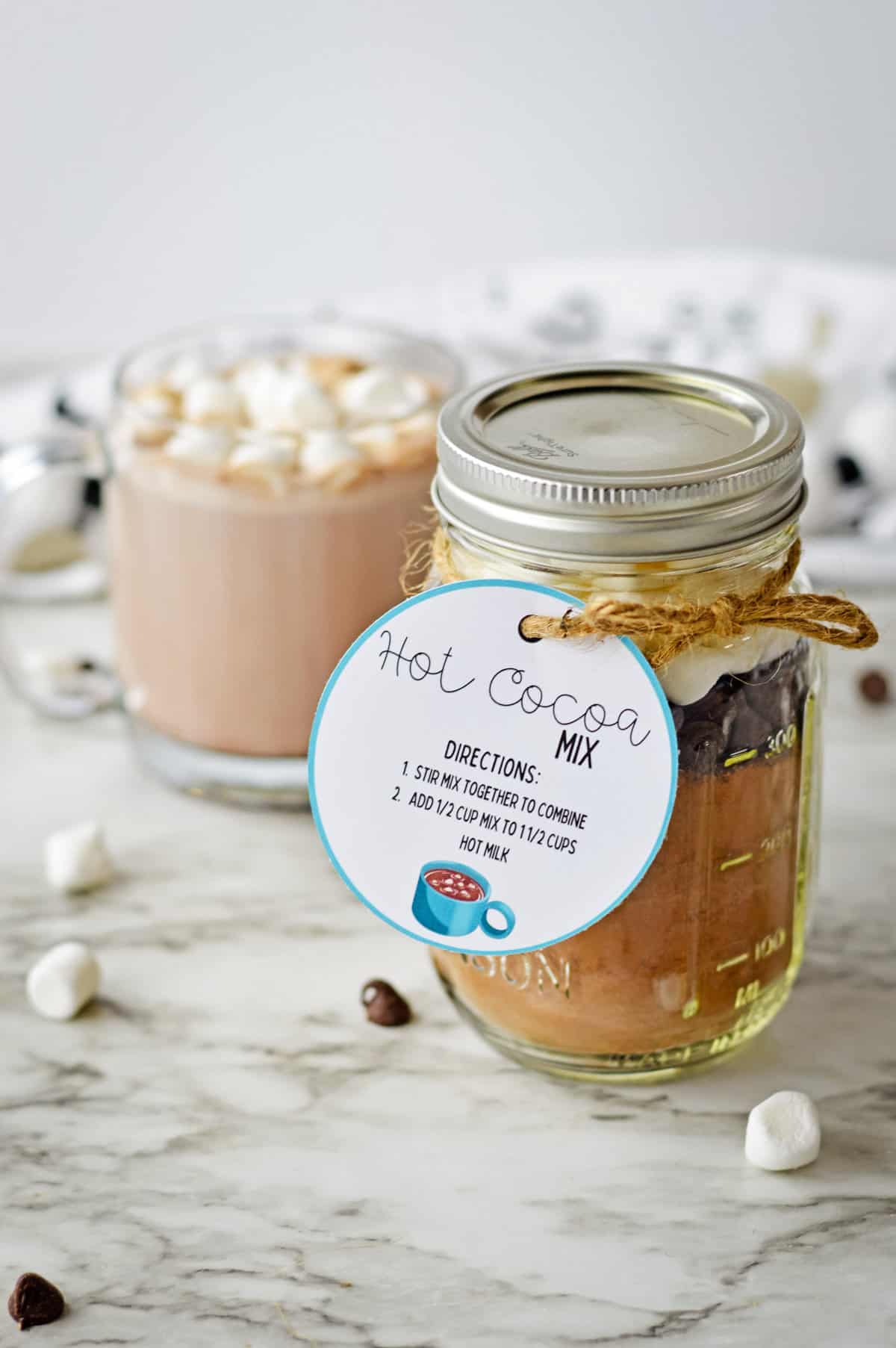 Homemade hot cocoa mix in a mason jar with a gift tag and a mug of hot chocolate with marshmallows behind it.