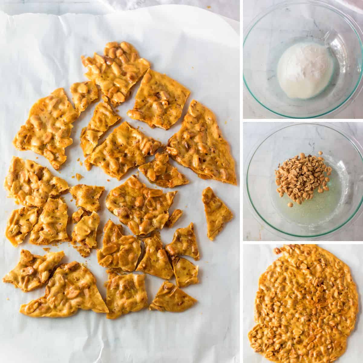 Four image collage showing ingredients in glass bowl, brittle mixture poured out on parchment, and set brittle broken into pieces.