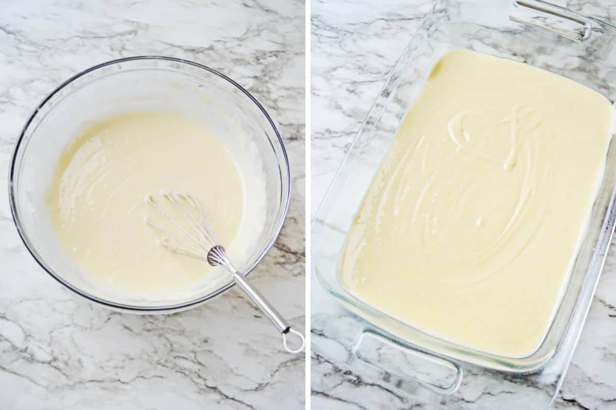 Two image collage of cake batter in glass mixing bowl and cake batter in baking dish.