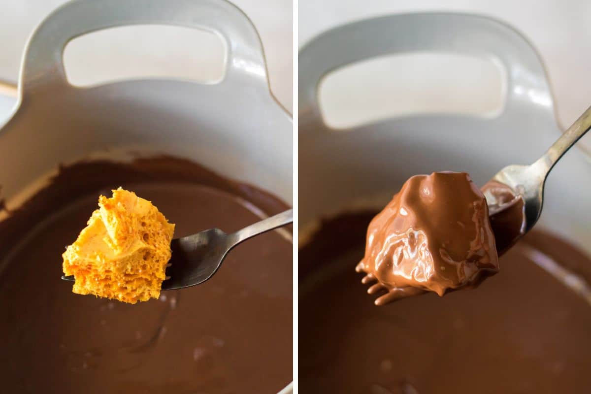 Fork with bite-sized piece of honeycomb candy before and after being dipped in chocolate.