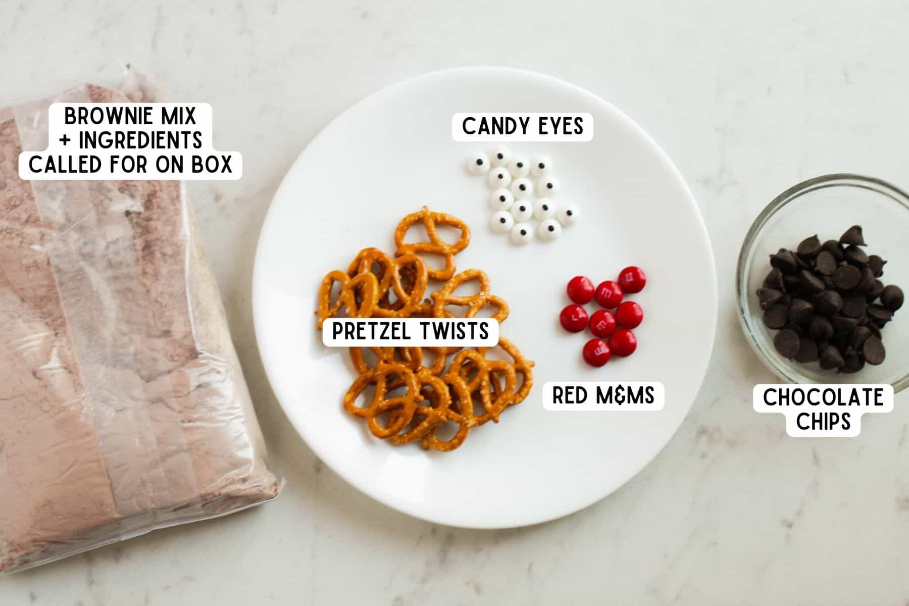 Reindeer brownie ingredients on countertop.