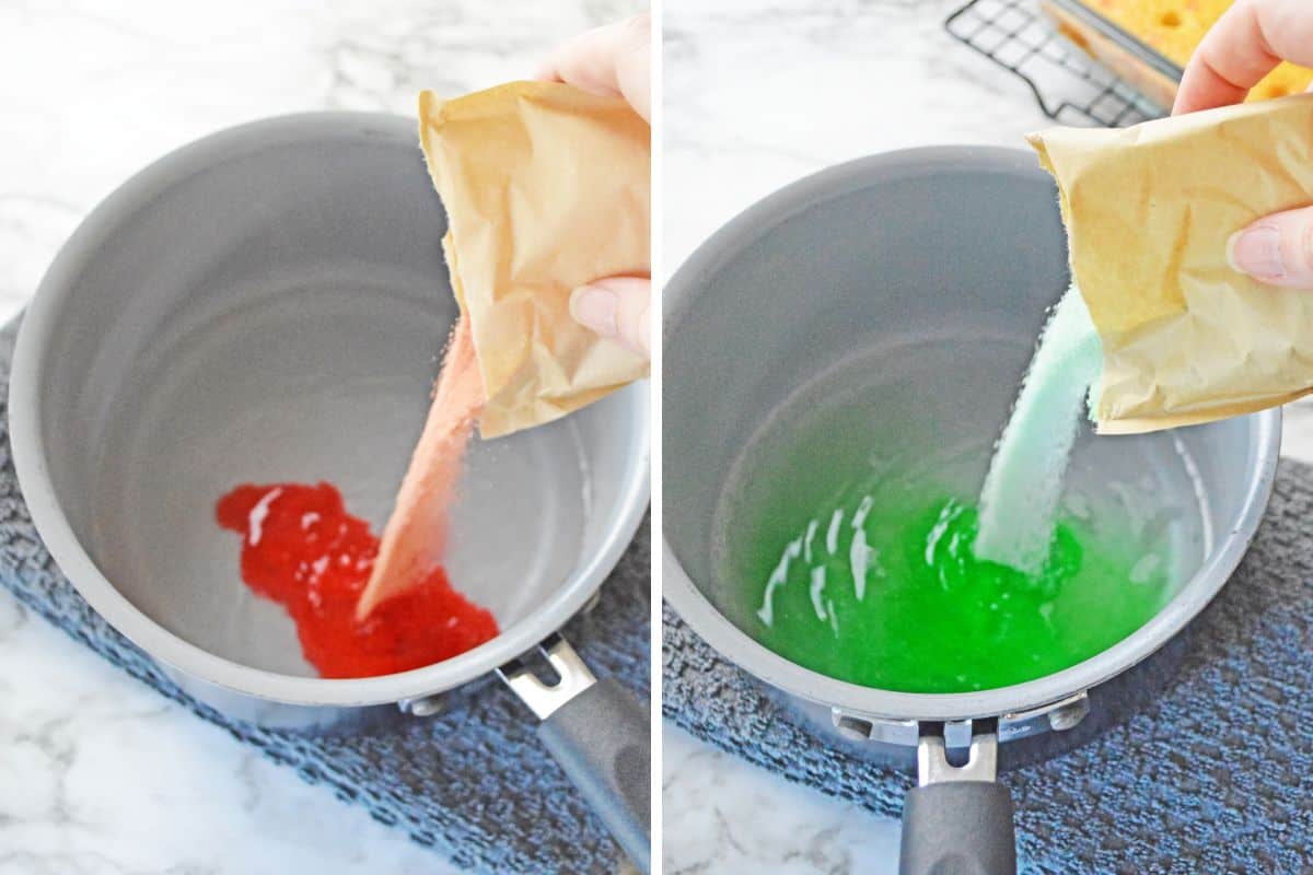 Red and green jello mix being poured into separate pans of boiling water.