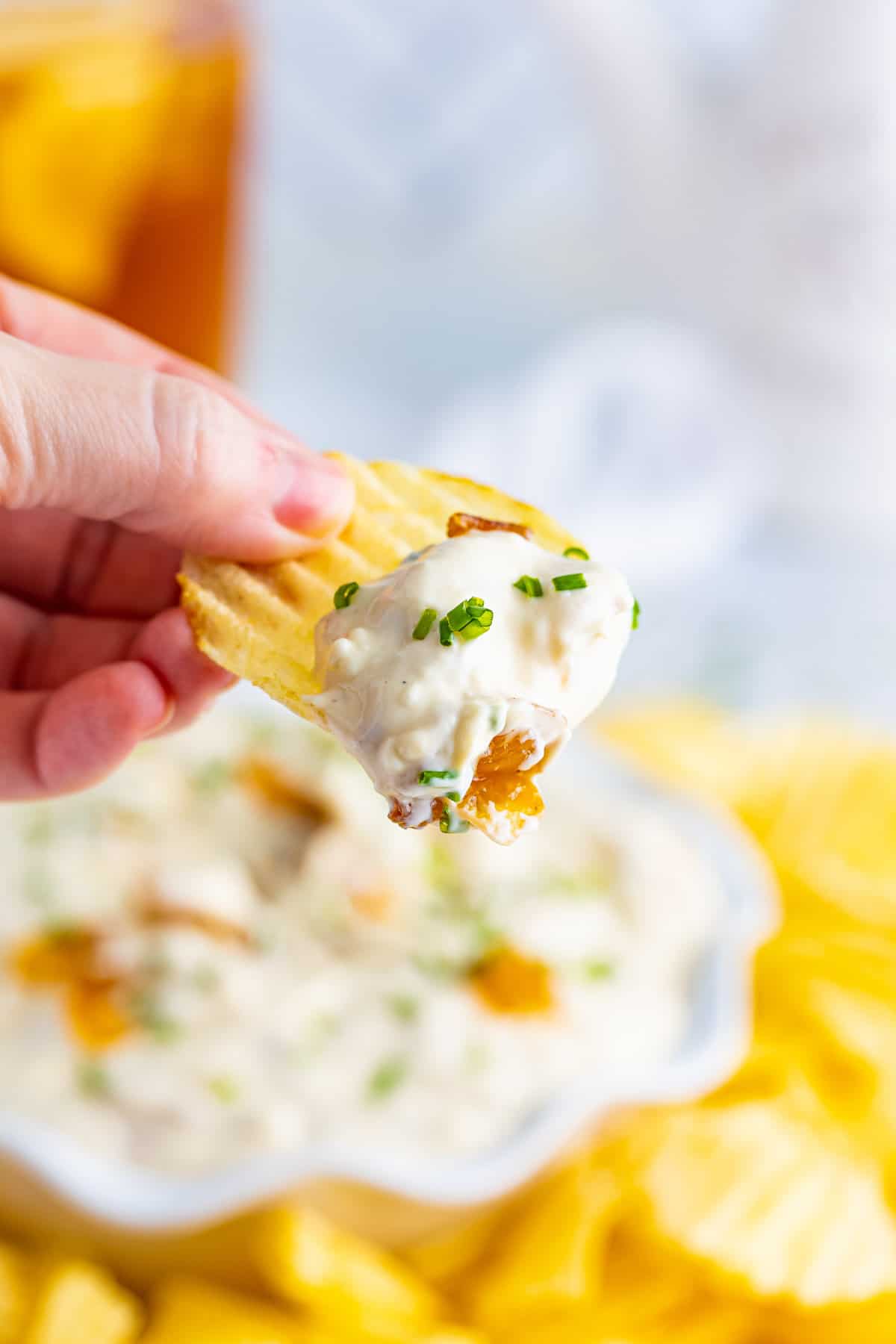 Hand holding chip dipped in creamy french caramelized onion dip.