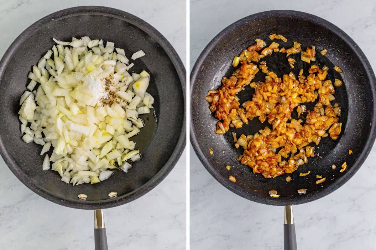 Two image collage of diced onions in a frying pan before and after carmelizing.