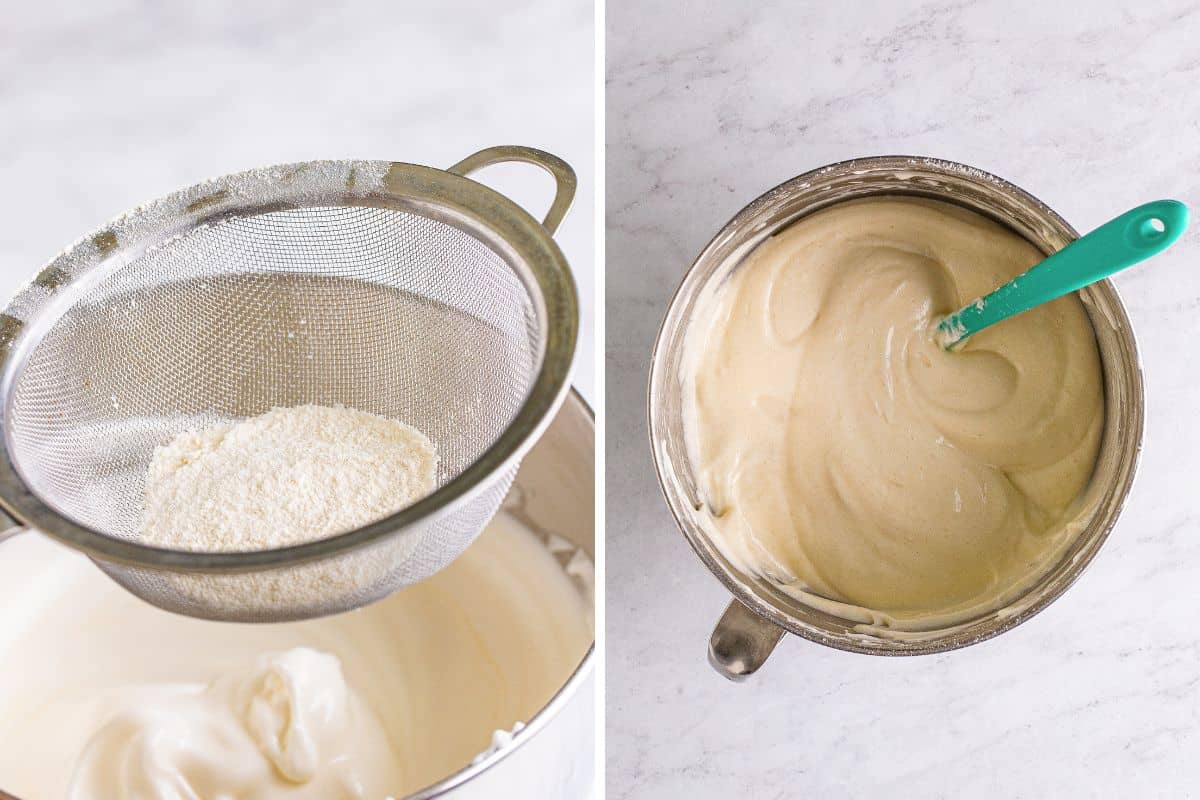 Two image collage of ingredients being sifted and folded into whipped egg whites.