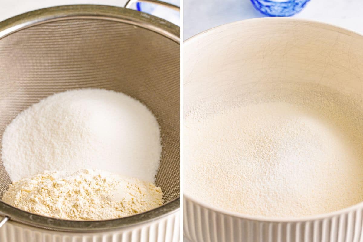 Two image collage of sugar and flour being sifted into a bowl.