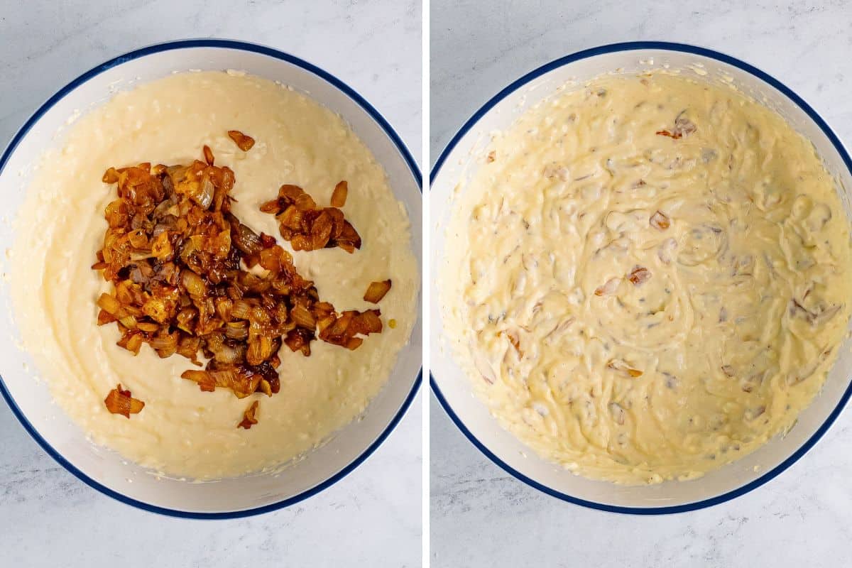 Two image collage of dip in mixing bowl before and after onions are mixed in.