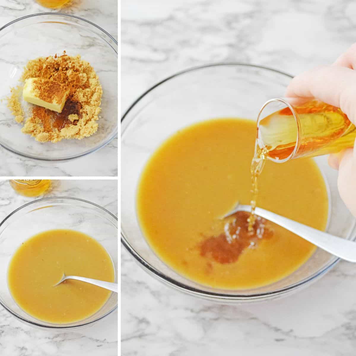 3 image collage of process photos: butter, brown sugar, and spices in large glass mixing bowl, the ingredients smooth and combined, and rum being added to the bowl.