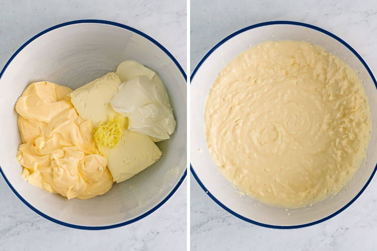 Two image collage of mayo, cream cheese, sour cream, and garlic in a mixing bowl before and after combining.