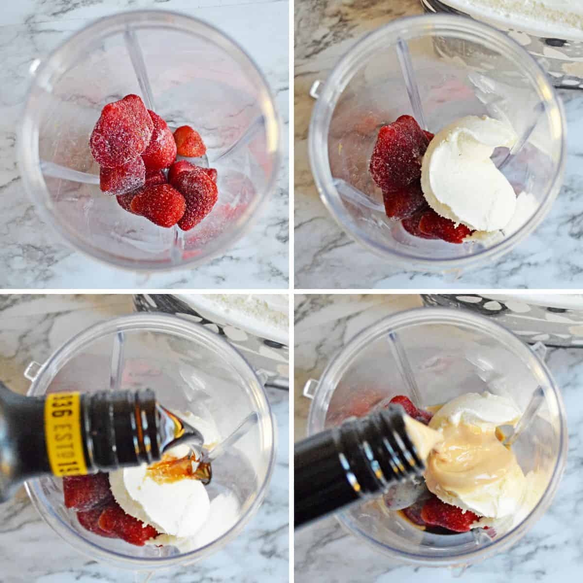Step-by-step photo collage showing frozen strawberries, vanilla ice cream, and alcohol being added to blender.