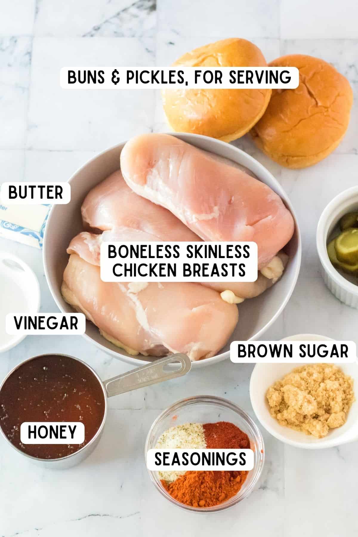 Ingredients for slow cooker hot honey chicken sandwiches.