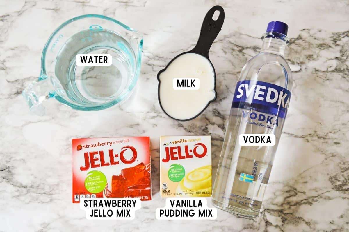 Ingredients for strawberry and vanilla pudding jello shots.