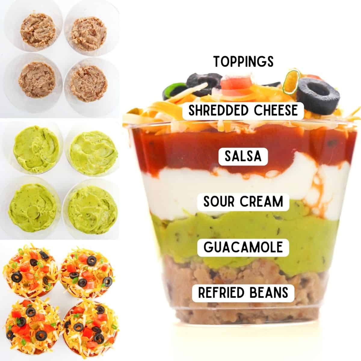 Collage showing all the layers of taco dip: refried beans, guacamole, sour cream, salsa, cheese, toppings.