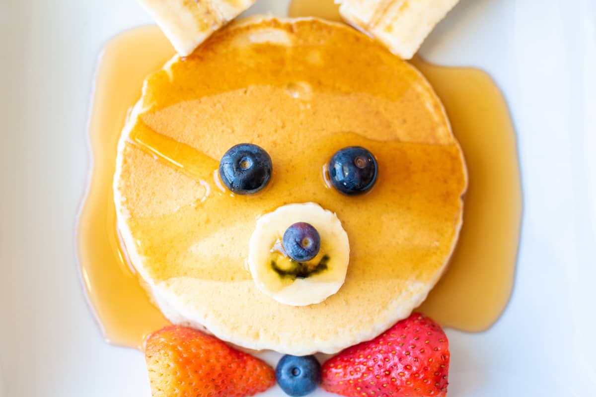 Bunny pancakes with pancake syrup.