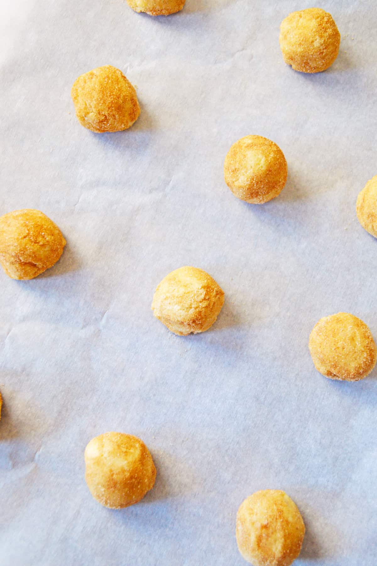 Cinnamon-sugar coated dough balls spaced 2 inches apart on lined baking sheet.